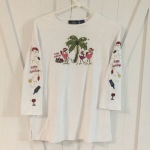 CB Casual white Christmas shirt Flamingos.